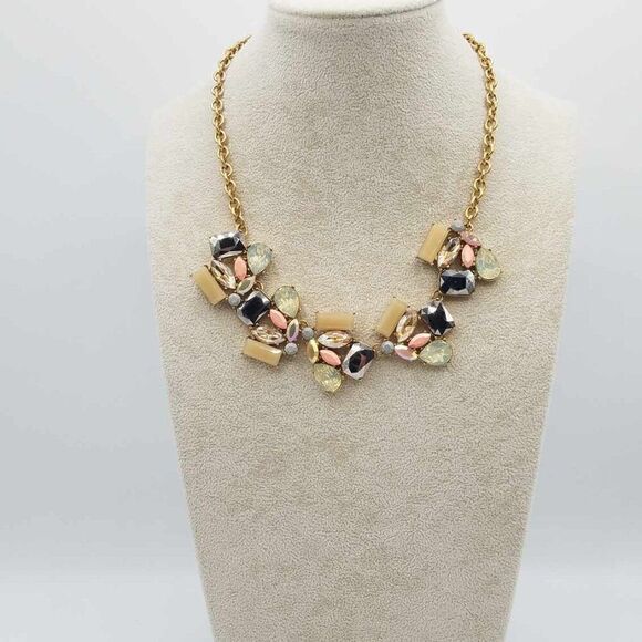 J Crew Gold, Tan, Gray, Pink Iridescent Crystal Statement Necklace - Picture 11 of 11